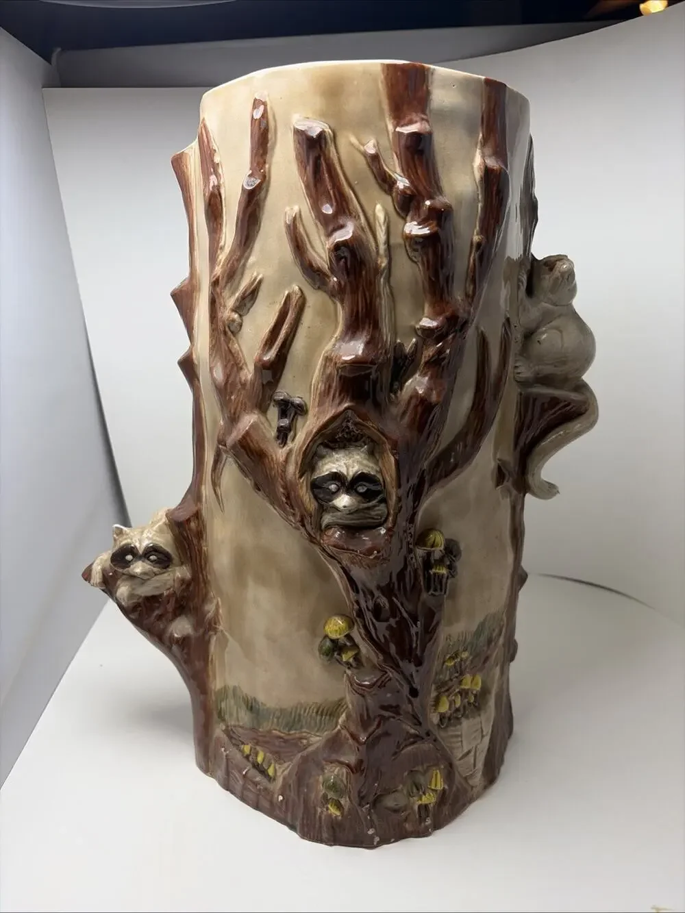 Ceramic Umbrella Stand Mid Century Majolica Raccoon in Tree 3D Woodland